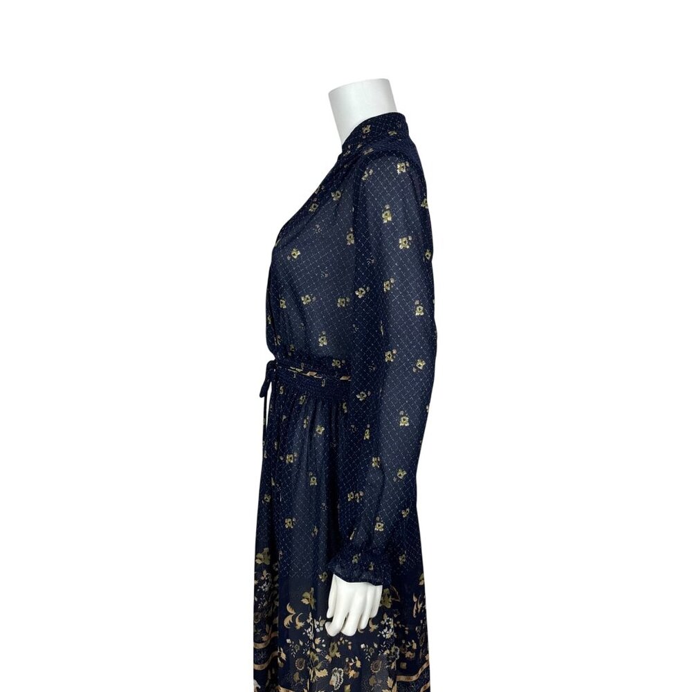 Vintage 80s Sheer Dress Womens M Navy Blue Peacock Floral Border Print - Picture 11 of 11